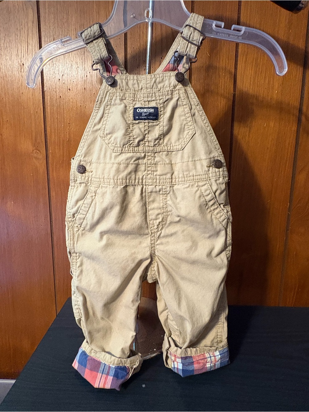 OshKosh B'gosh Beige Overalls with Plaid Cuff